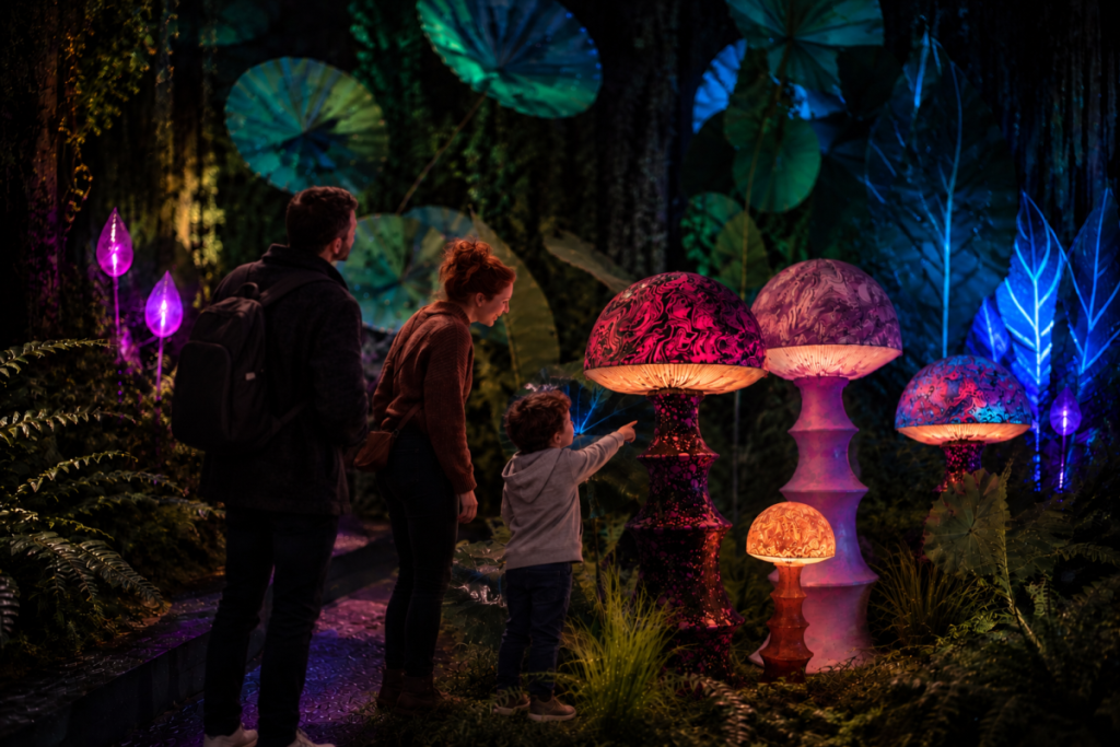 un rendering digitale di una famiglia di tre persone che osserva funghi giganti luminosi in una ricostruzione scenografica all’Alice Immersive Wonderland