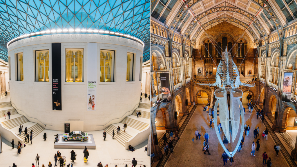 Een dubbele afbeelding van het British Museum (links) en het Natural History Museum met het walvisskelet dat aan het plafond hangt (rechts)