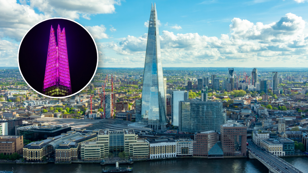 „The Shard“ bei Tageslicht mit einer kreisförmigen Einblendung des in Rosa beleuchteten „Shard“ zur Brustkrebsaufklärung