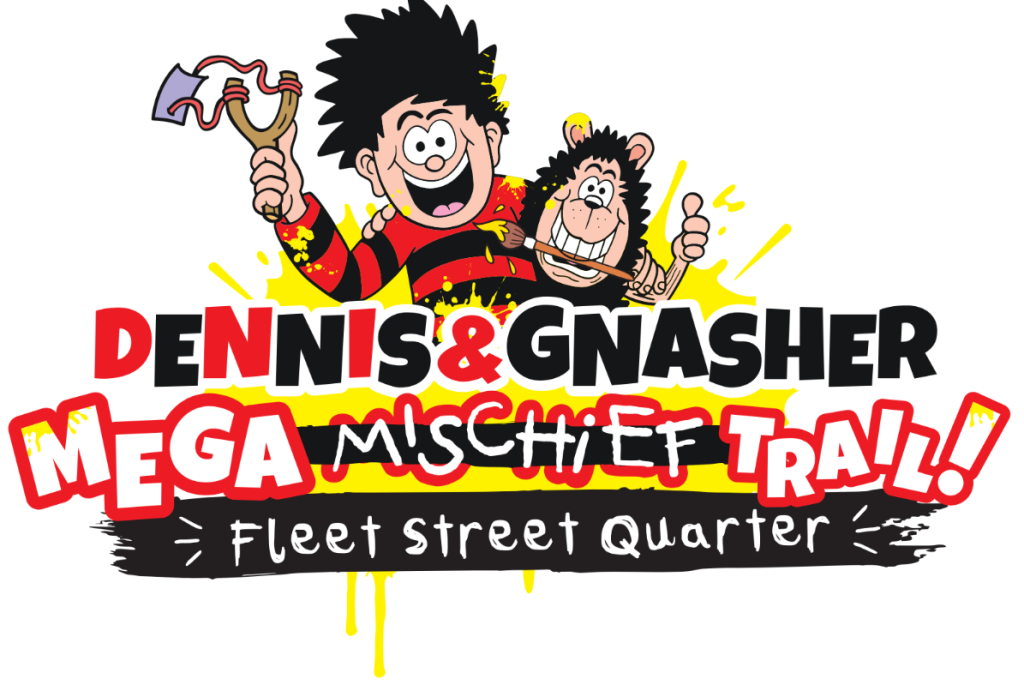 De poster voor het aankomende parcours in het Fleet Street Quarter met een afbeelding van Dennis the Menace en zijn hond Gnasher