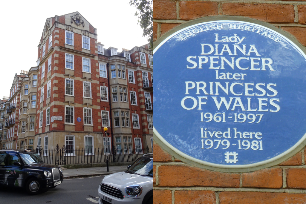 De voorkant van een appartementencomplex in Kensington (links), een blauwe plaquette ter ere van prinses Diana (rechts)