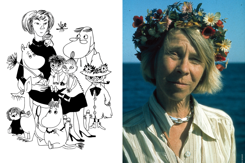 een afbeelding op een gesplitst scherm met een illustratie van verschillende Moomin-personages, naast een foto van Moomin-bedenkster Tove Jansson met een bloemenkrans op haar hoofd