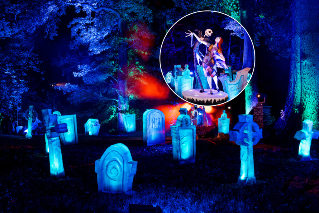 un collage del percorso “Disney Tim Burton’s Nightmare Before Christmas”, con le lapidi del film come immagine principale e un’immagine più piccola dei due personaggi principali che si abbracciano