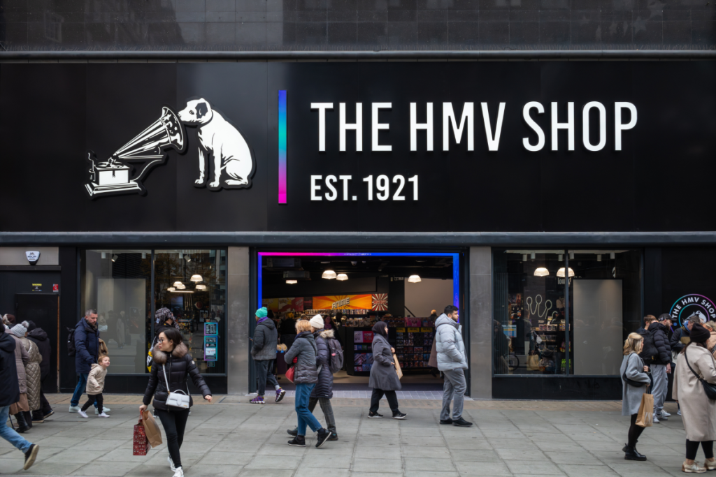 People walking past the front of the HMV flagship store on Oxford Street