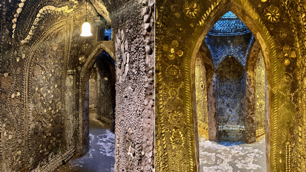 Een afbeelding van de Shell Grotto – een reeks ondergrondse gangen met muren versierd met schelpen