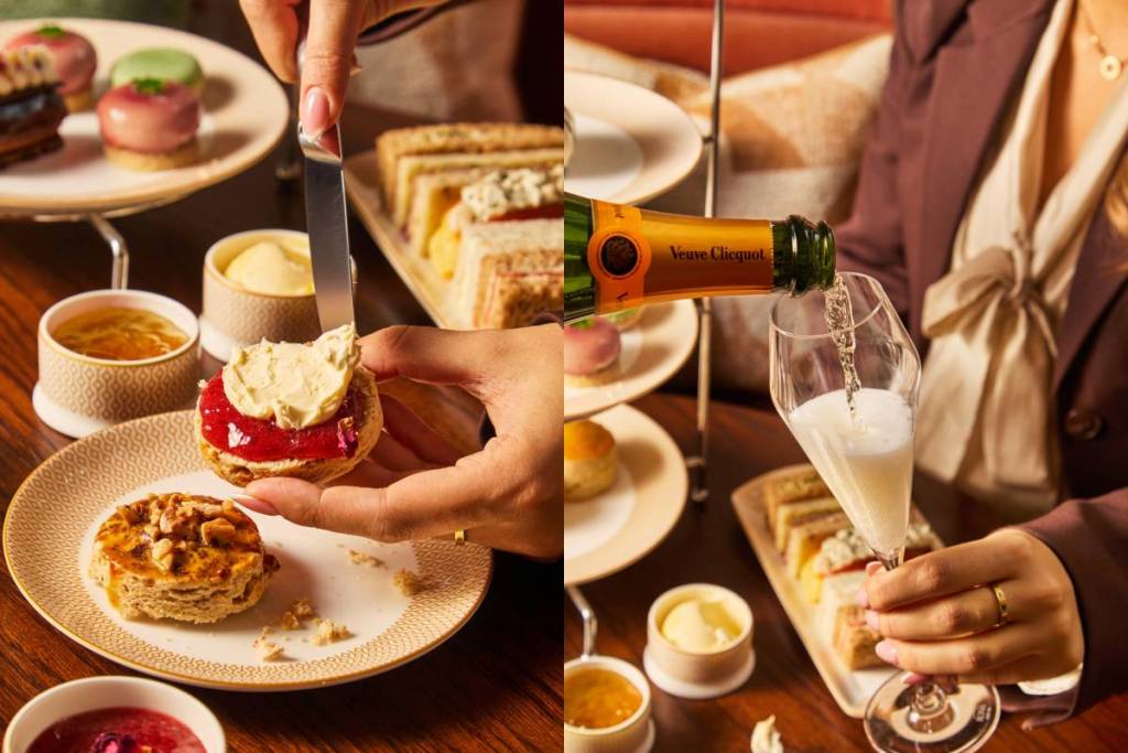 un’immagine a schermo diviso che mostra qualcuno che spalma la panna su uno scone alla marmellata e qualcuno che tiene il bicchiere mentre viene riempito di champagne