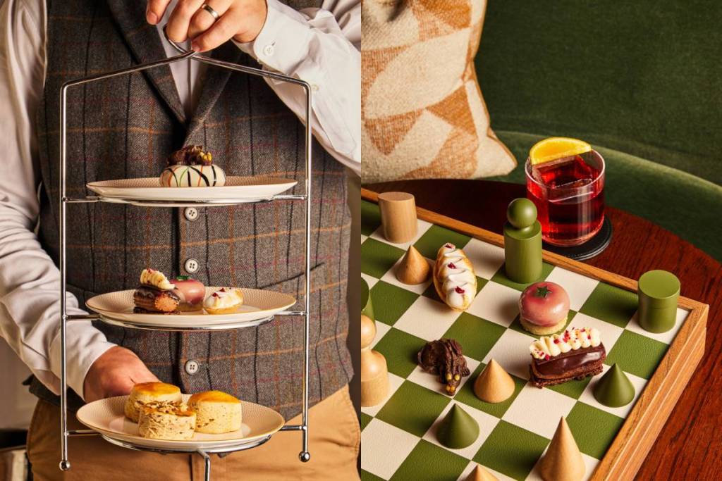 uno schermo diviso che mostra un cameriere con in mano un vassoio a più piani con scones e dolci da tè pomeridiano, e un negroni accanto a una scacchiera verde e bianca con dei dolci su alcune caselle e dei pezzi da scacchi verdi su altre