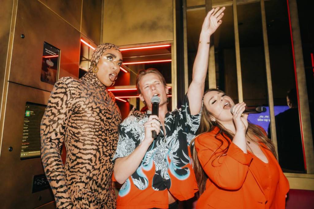 Freunde beim Singen in der BAM Karaoke Box in Victoria, London.