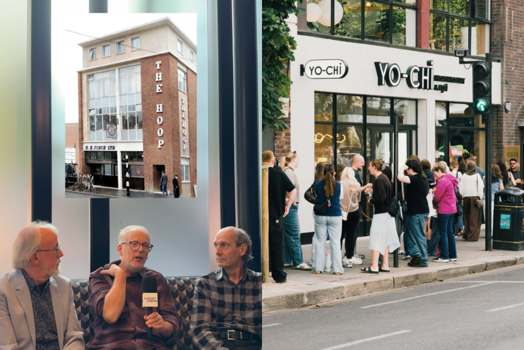 ein Nebeneinander-Bild der Schöpfer von Wallace und Gromit in einem Interview, überlagert mit einem historischen Londoner Pub (links) und Menschen, die vor der neuen Yo-Chi-Filiale in London Schlange stehen