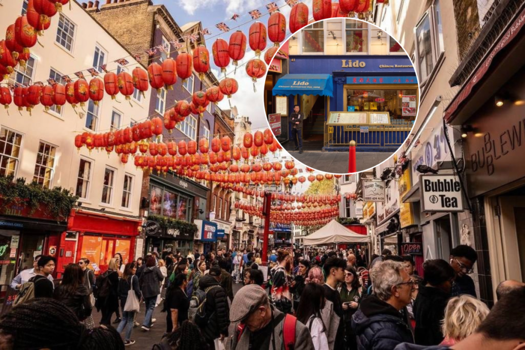 people milling about in the street in chinatown under the iconic red and yellow paper lanterns criss crossing the sky, overlaid with a small circular image of a blue fronted restaurant called lido