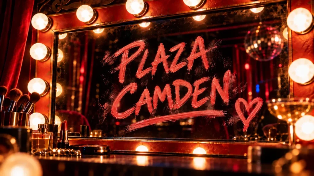 “Plaza Camden” scritto con rossetto rosso sullo specchio di un camerino