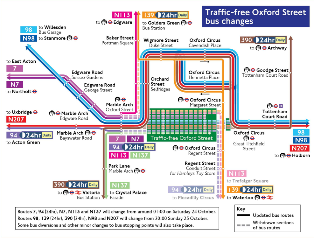 Una mappa di Transport for London che mostra in dettaglio le linee di autobus che vengono deviate a causa della pedonalizzazione di Oxford Street