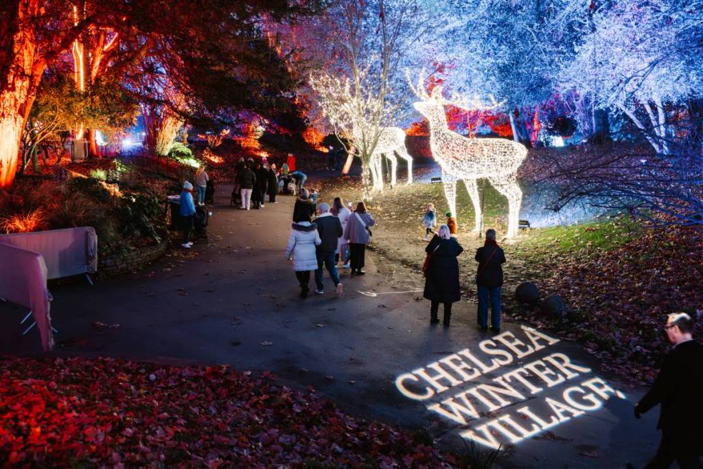 persone che passano davanti alle luminarie natalizie al Chelsea Winter Village
