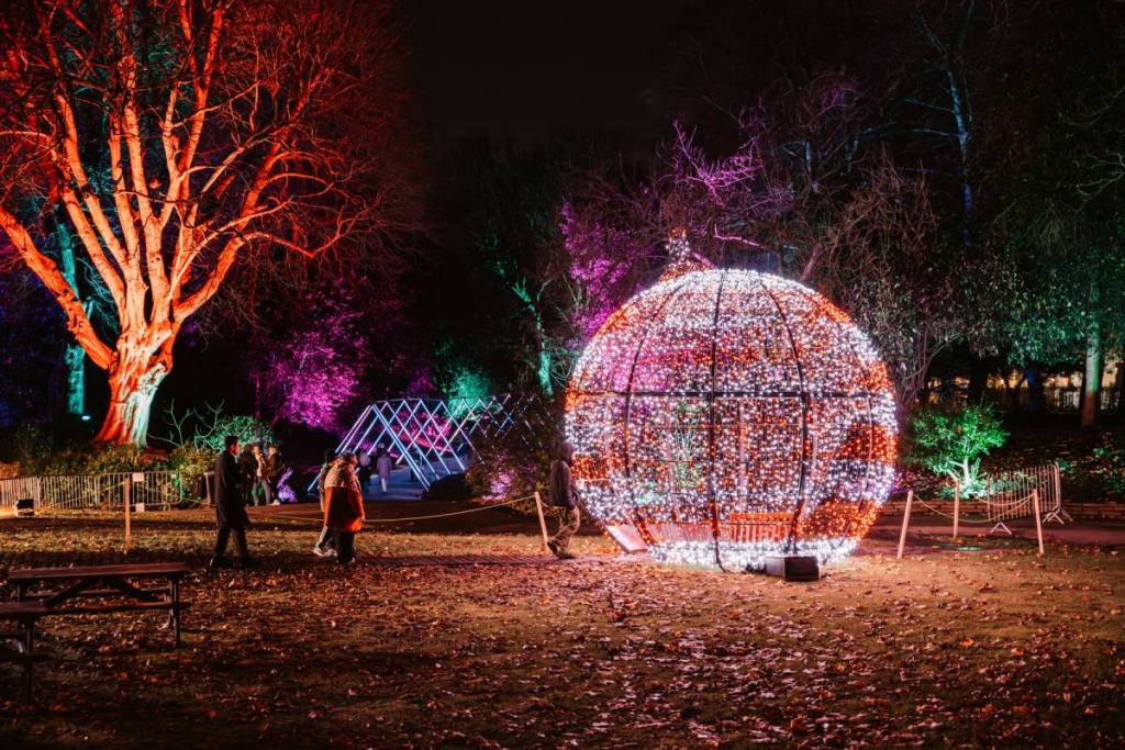 una sfera luminosa e colorata, che sembra un’enorme pallina di Natale, insieme a una varietà di alberi illuminati a colori durante la notte