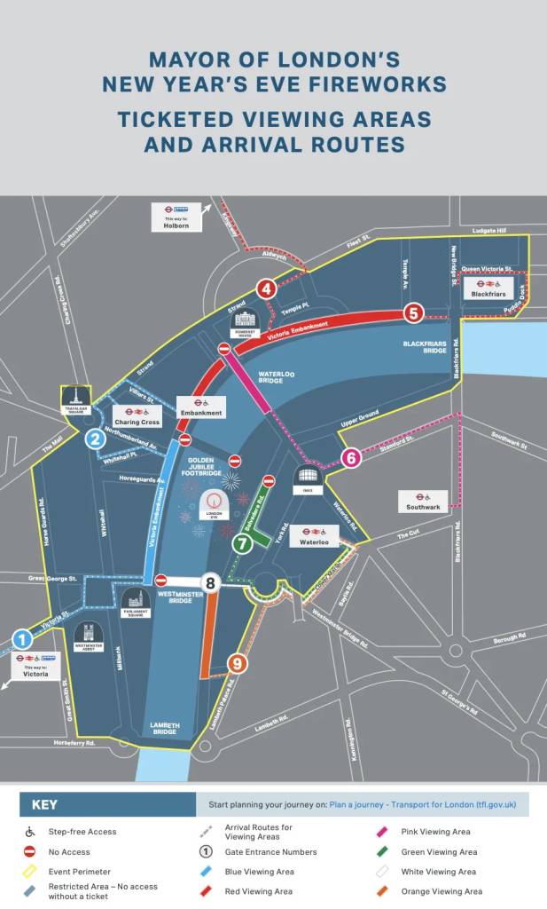 a map showing a guide to the different viewing areas for the london new year's eve fireworks