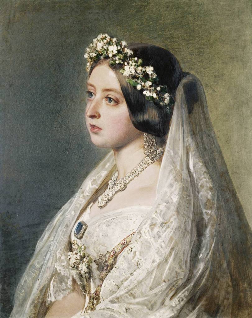 A solemn oil portrait of a young woman in a white lace gown and veil, wearing a flower crown and jeweled necklace against a muted green background.