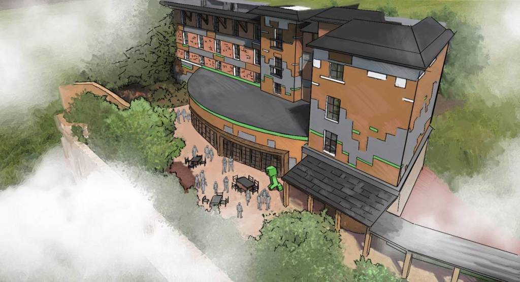 A rendered image of what the Minecraft World Hotel will look like when built