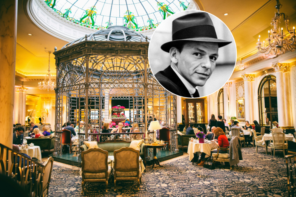 People drinking afternoon tea inside The Savoy hotel in London plus Frank Sinatra wearing a trilby hat