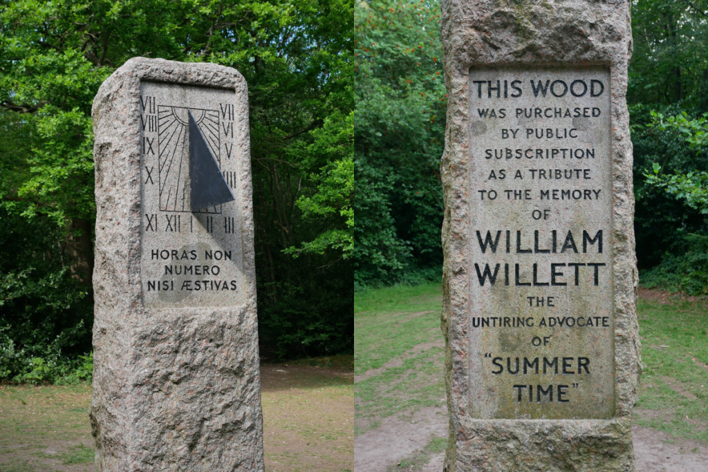 a split screen image showing two views of a  William Willett memorial sundial, permanently set to daylight saving time, and with text that reads "This wood was purchased by public subscription as a tribute to the memory of William Willett the untiring advocate of "summer time""