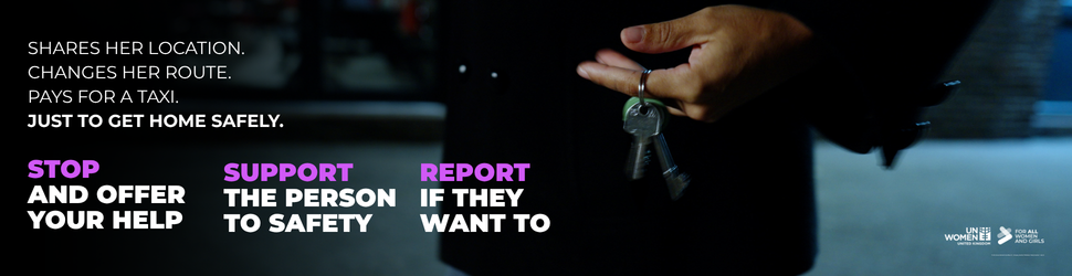A graphic of the UN Women UK's framework of Stop. Report. Support.