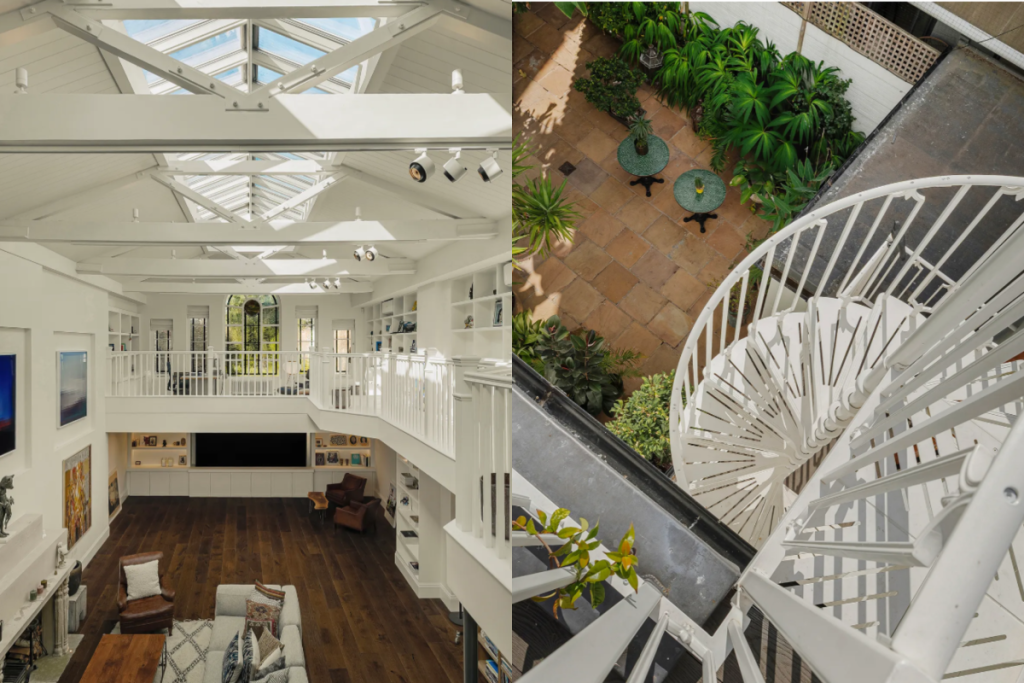 A split image of a galleried living space (left) and a spril staircase leading down to a courtyard (right)
