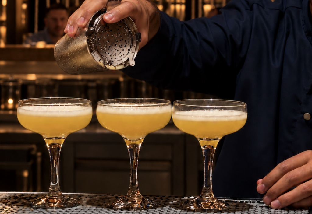 a close up of a bartender's hand pouring a pisco sour into three glasses at Bamboo Mat Canary Wharf
