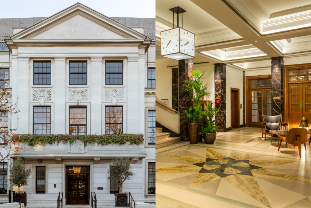 The front of the former town hall of Bethnal Green (left), the entrance lobby of a luxury hotel inside the former town hall (right)