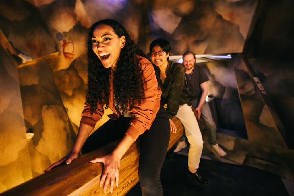 group of people facing a fun challenge on a timber