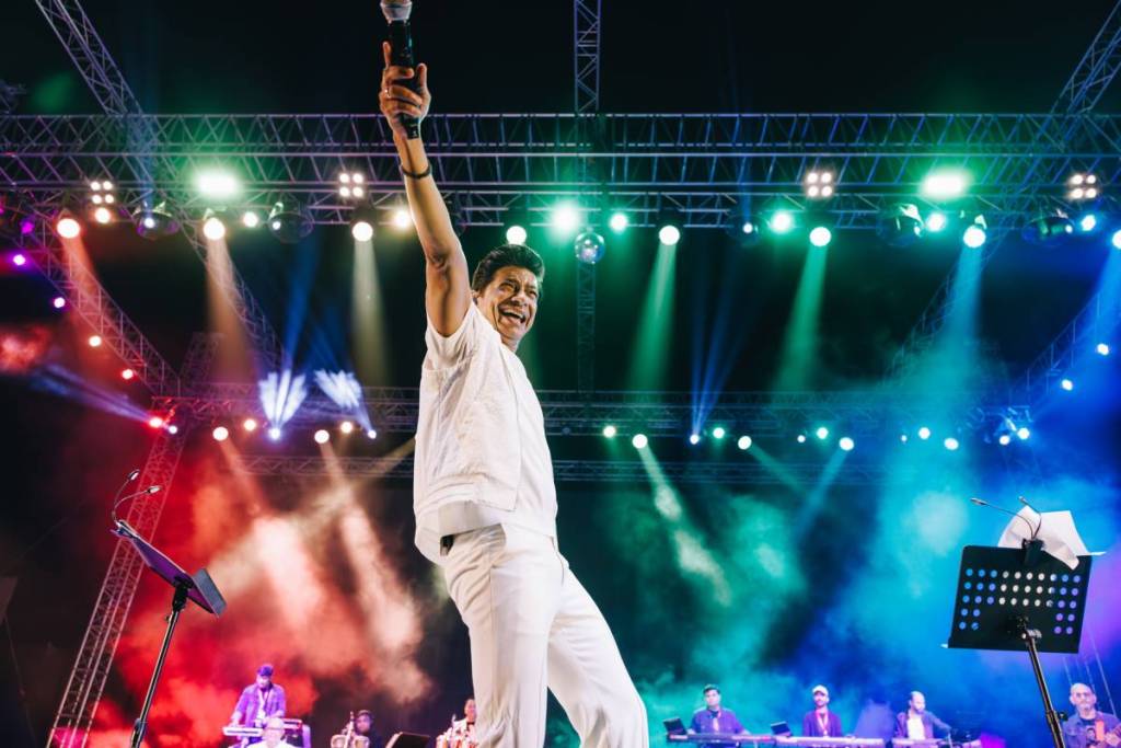 a singer on stage pointing a microphone at the crowd
