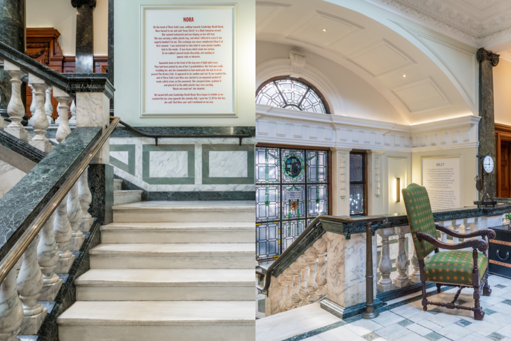 A side by side image of a marble stair case (left) and an Edwardian style hotel lobby (right)