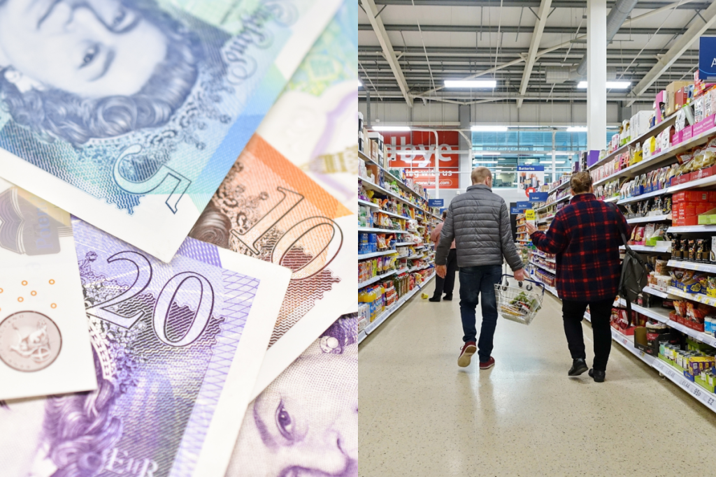 A pile of British bank notes (left), two people walking down an aisle in a supermarket (right)