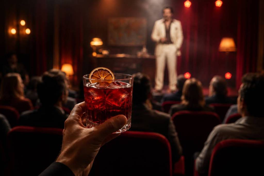 A man in the audience at Narco Confession holding up a cocktail while Pablo Escobar is on stage