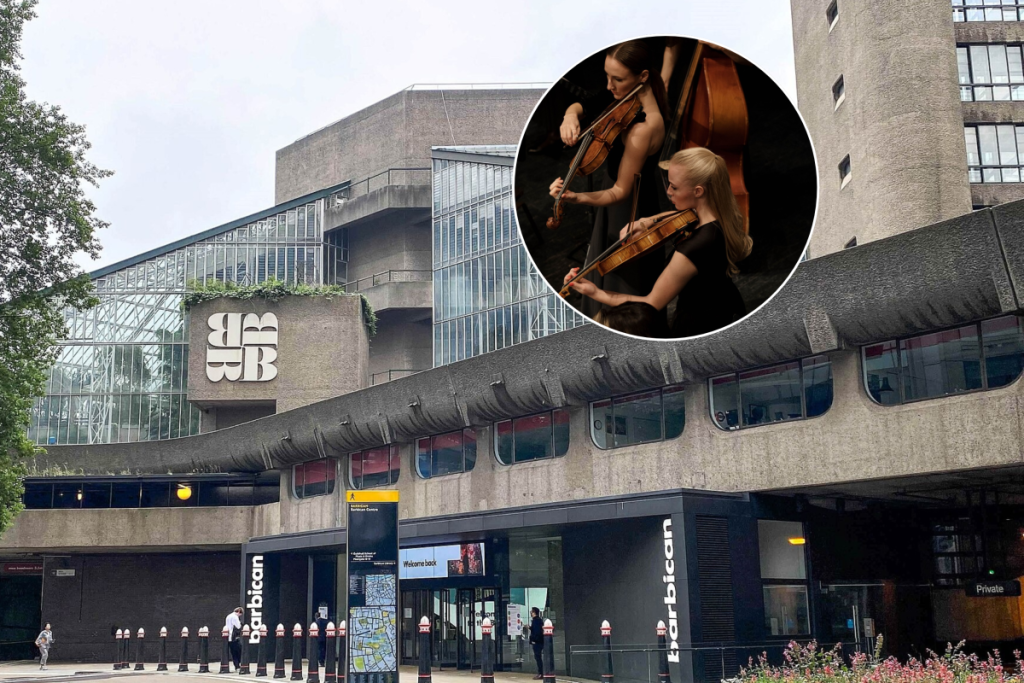 The outside of the Barbican Centre in London and a string quartet performing on stage