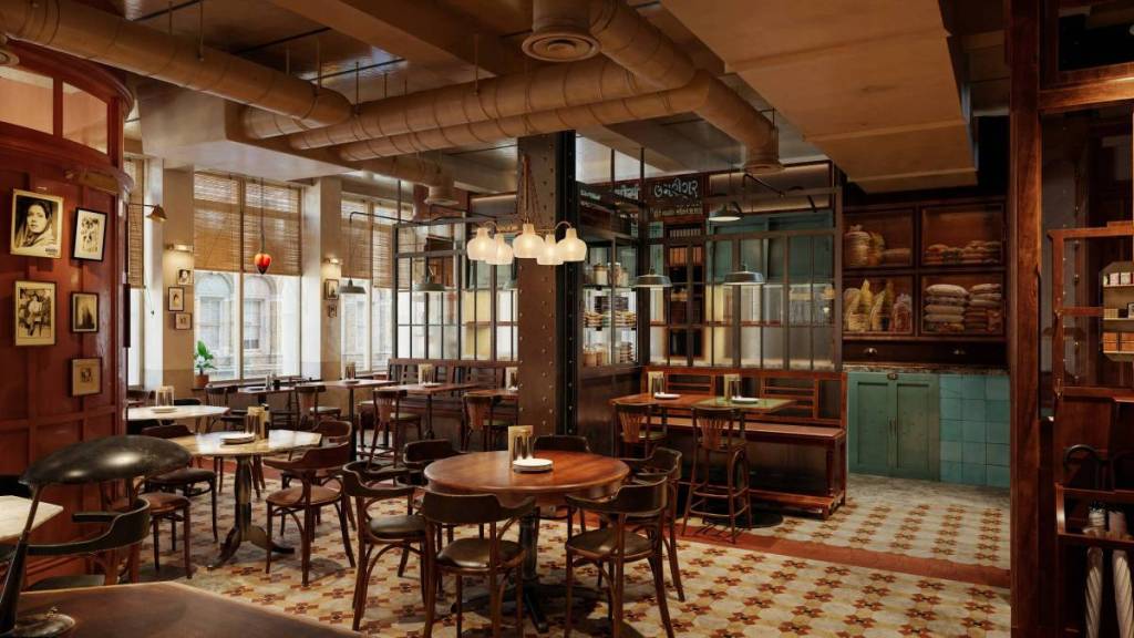 Warm vintage café interior with round wooden tables, bentwood chairs, exposed ceiling ducts, glass partitions, and teal cabinetry