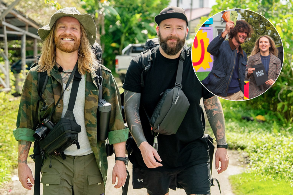 Sam Ryder und sein Freund Kaz im Hintergrundbild, Kreisbild, das Menschen zeigt, die Tickets aus dem „Race Across the World“-Erlebnis hochhalten