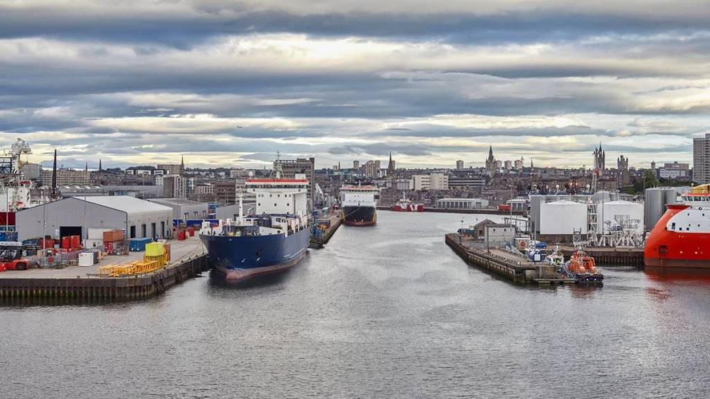 A view across the port of Aberdeen on a grey day