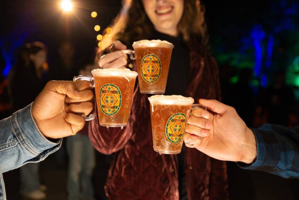 three people clinking butterbeers at Harry Potter Forbidden Forest