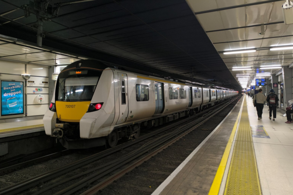 A Thameslink train pulled up at a station platform in London