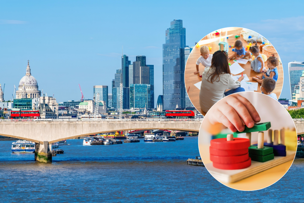A view of London's skyline under a bright blue sky with two circular overlays of children at nursery