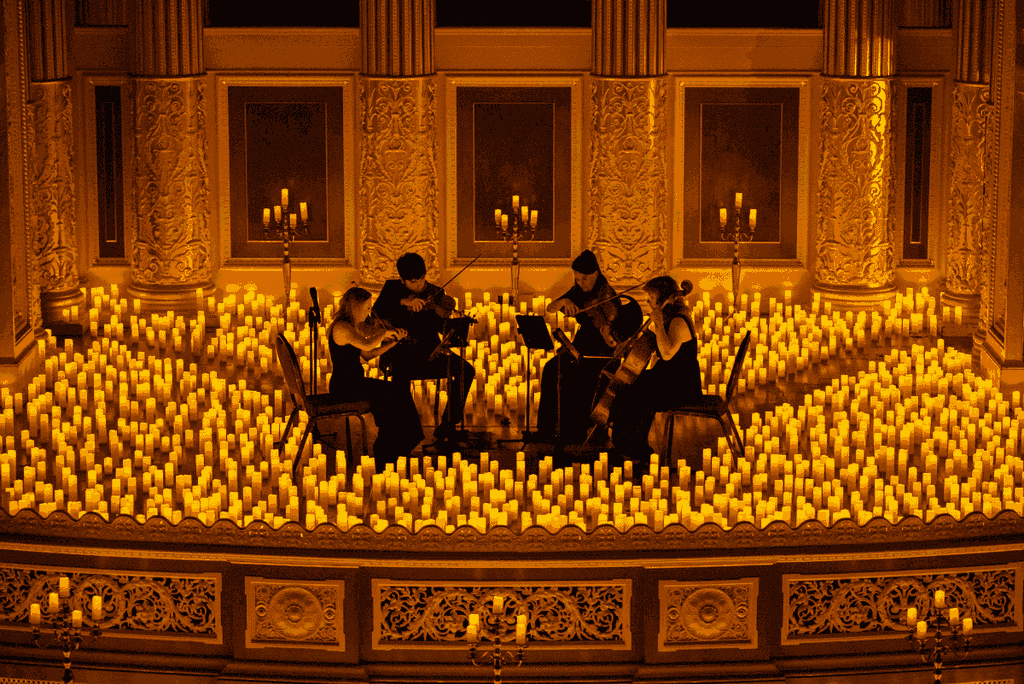 A string quartet performing at St Georges Hall at a Candlelight concert in Liverpool