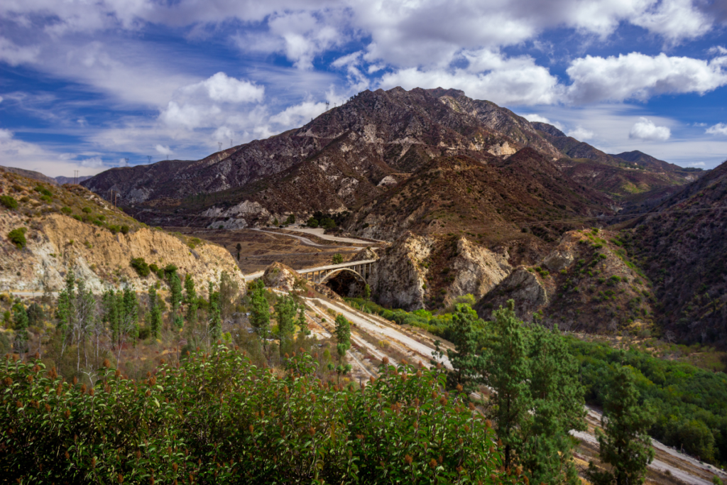 View of The Bridge to Nowhere set against the San Gabriel Mountains in Angeles National Forest, California