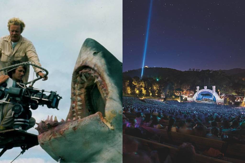 Left: Historic photo of filming of Jaws. Right: Hollywood Bowl at night.