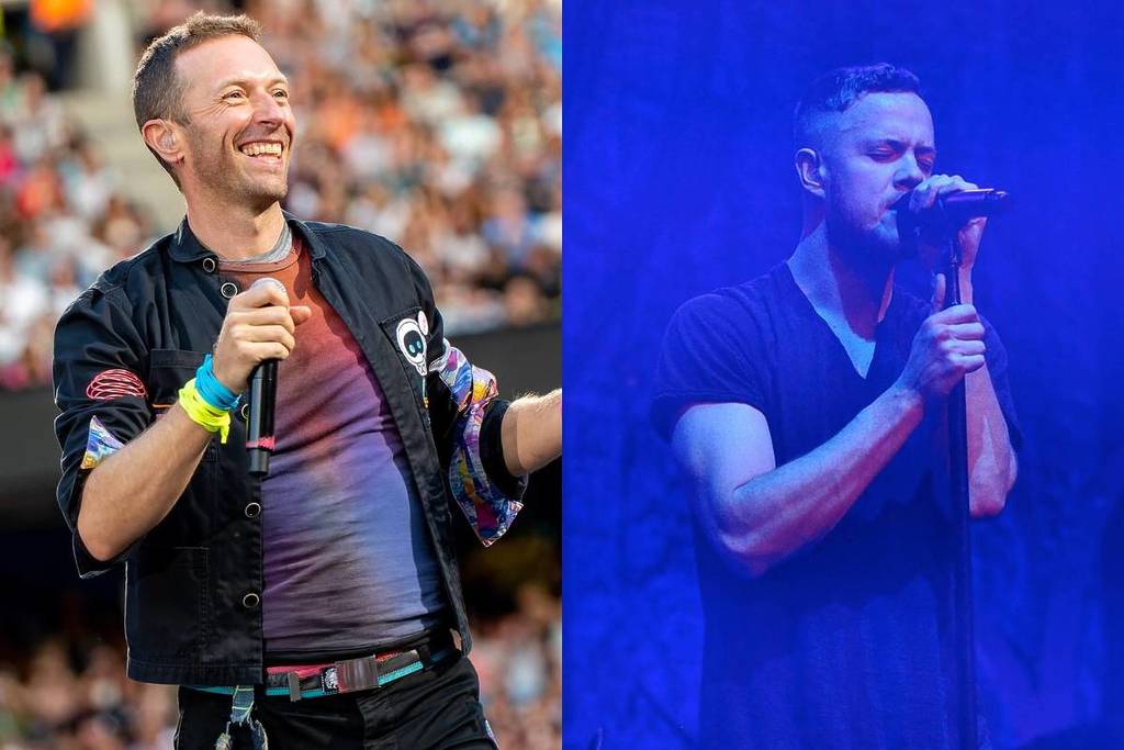 Chris Martin from Coldplay and Dan Reynolds from Imagine Dragons performing on stage at a concert