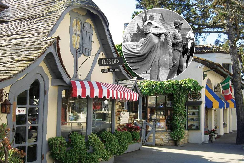 Tuck Box cottage in Carmel with a historic image of the Halloween parade.