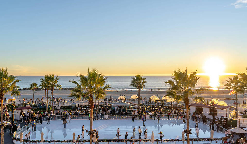 This Retro California Resort Has A Holiday Ice Skating Rink Right On The Beach — And Tickets Are On Sale Now
