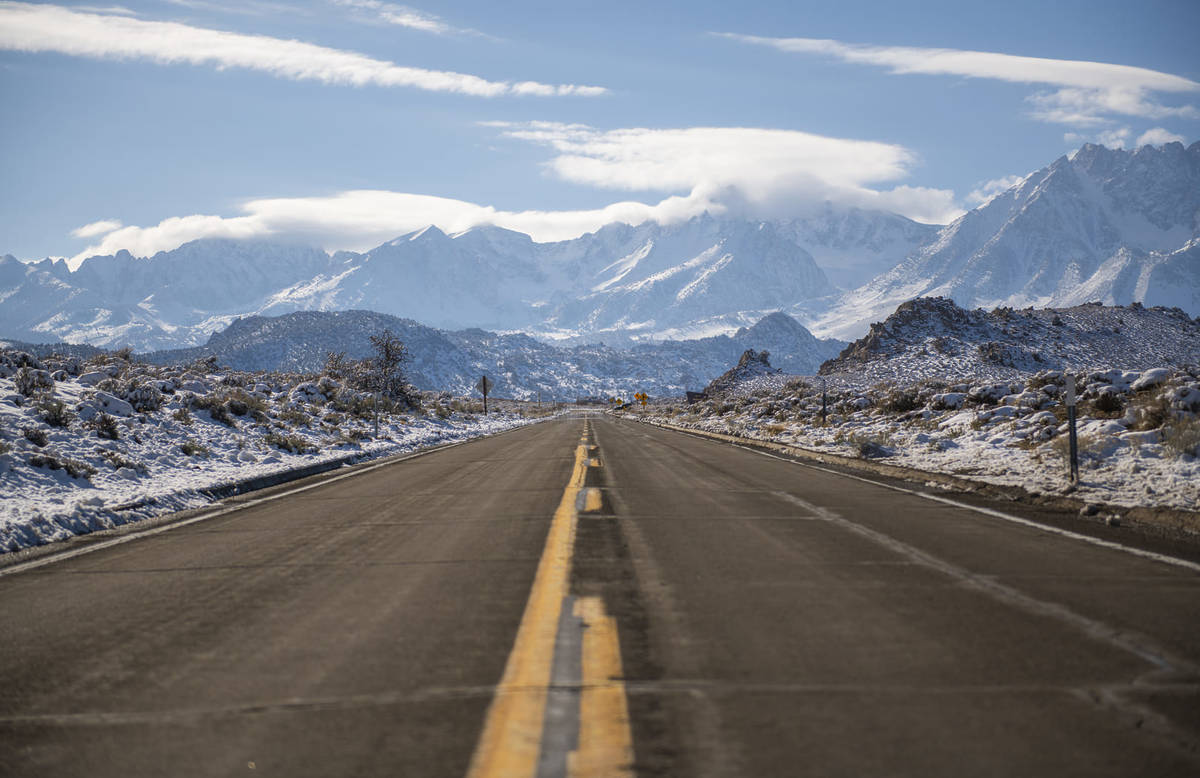 Snowy mountains from the road in Bishop, CA