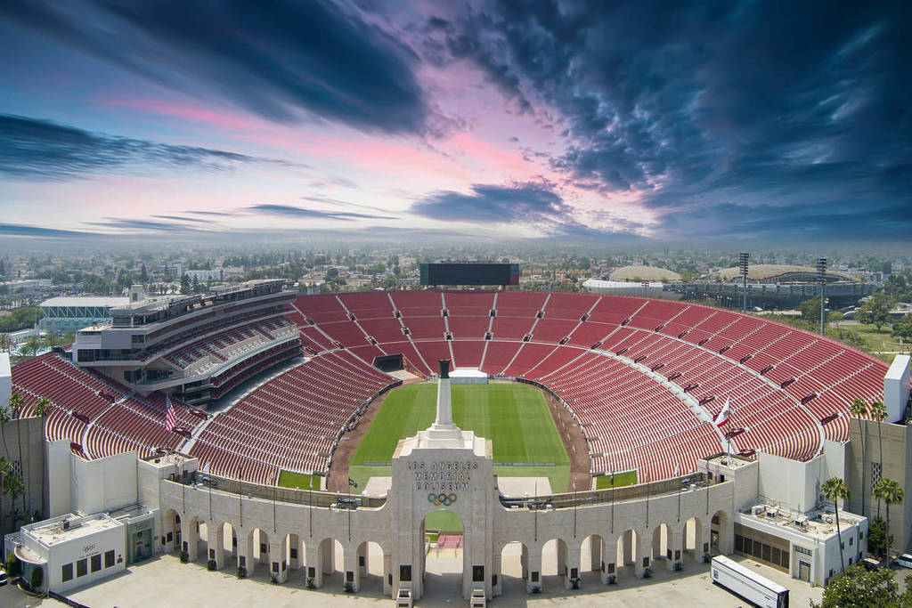 Los Angeles Memorial Coliseum at sunset.