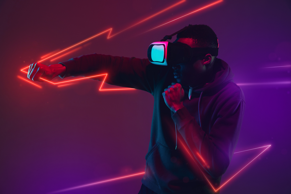Person playing with VR machine, including special effects and lighting.