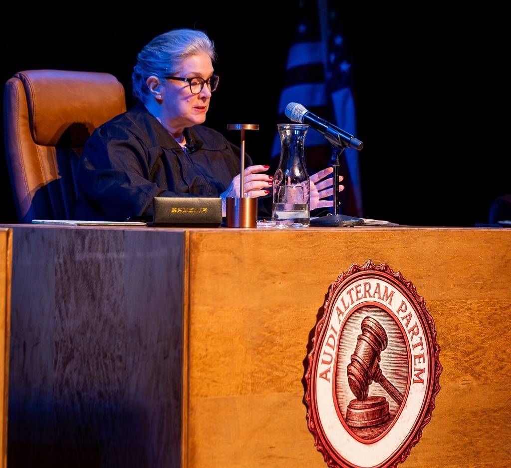 Actor playing the judge at The Jury Experience, an immersive theatrical experience based on crime.