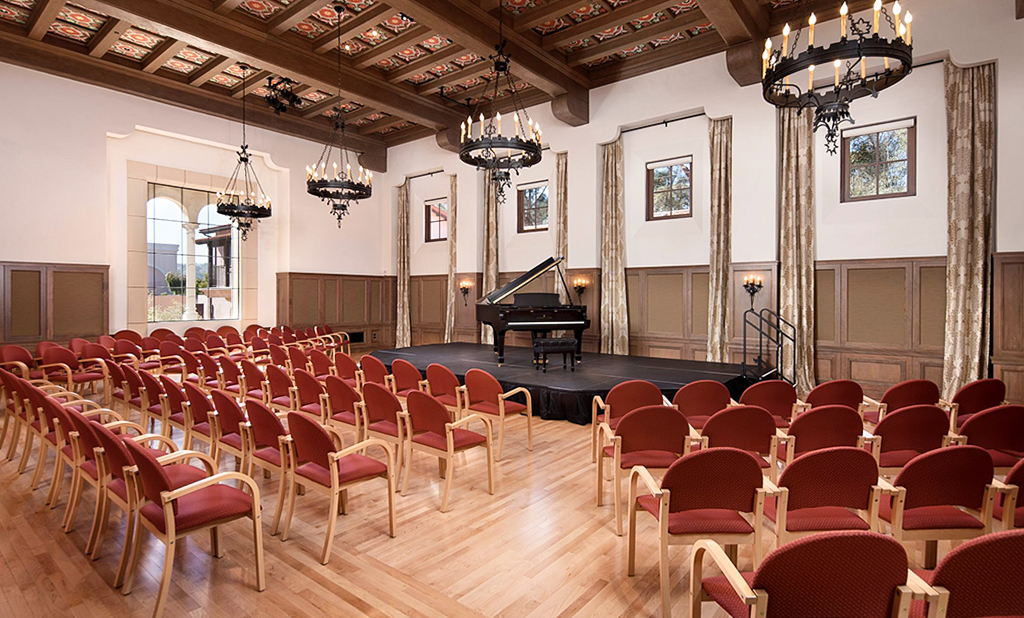 A concert hall with red chairs at Music Academy of the West.